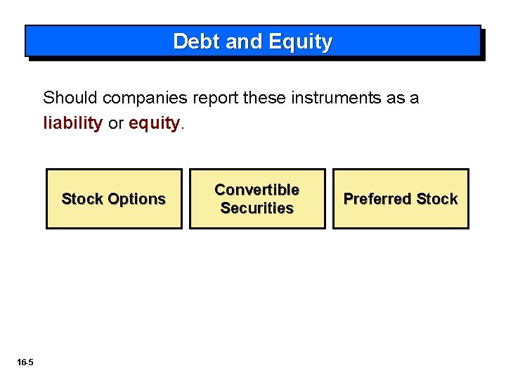 Debt and Equity Should companies report these instruments as a liability or equity. Stock