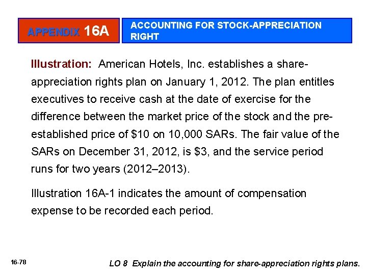 APPENDIX 16 A ACCOUNTING FOR STOCK-APPRECIATION RIGHT Illustration: American Hotels, Inc. establishes a shareappreciation