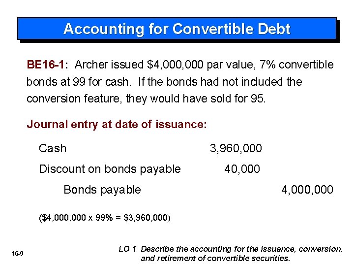 Accounting for Convertible Debt BE 16 -1: Archer issued $4, 000 par value, 7%