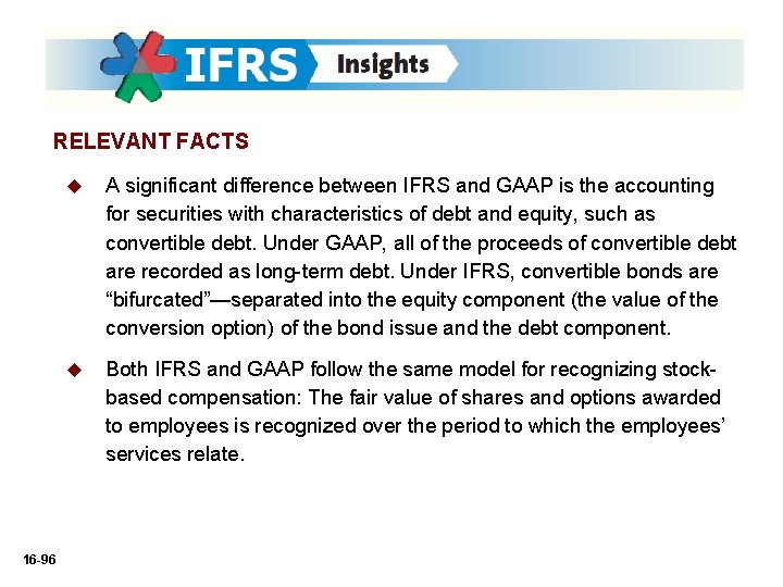 RELEVANT FACTS 16 -96 u A significant difference between IFRS and GAAP is the