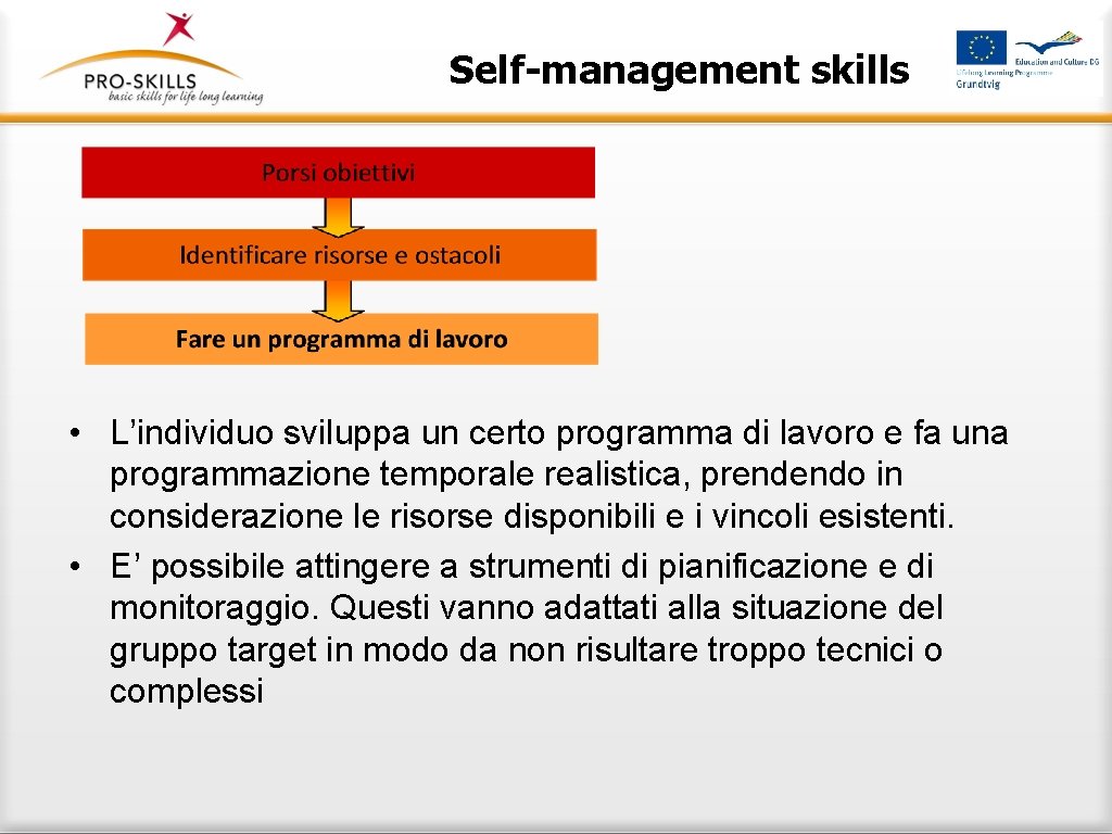 Self-management skills • L’individuo sviluppa un certo programma di lavoro e fa una programmazione