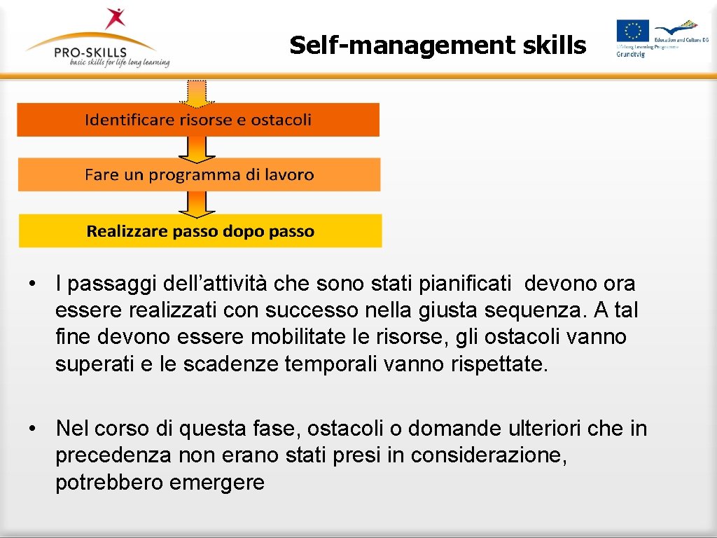 Self-management skills • I passaggi dell’attività che sono stati pianificati devono ora essere realizzati