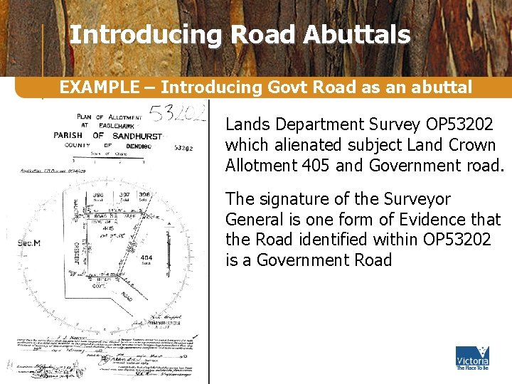 Introducing Road Abuttals EXAMPLE – Introducing Govt Road as an abuttal Lands Department Survey