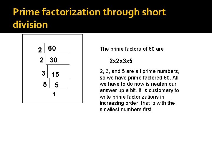 Prime factorization through short division 2 60 2 30 3 15 5 5 1