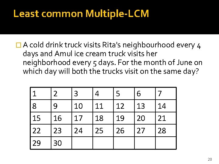 Least common Multiple-LCM � A cold drink truck visits Rita's neighbourhood every 4 days