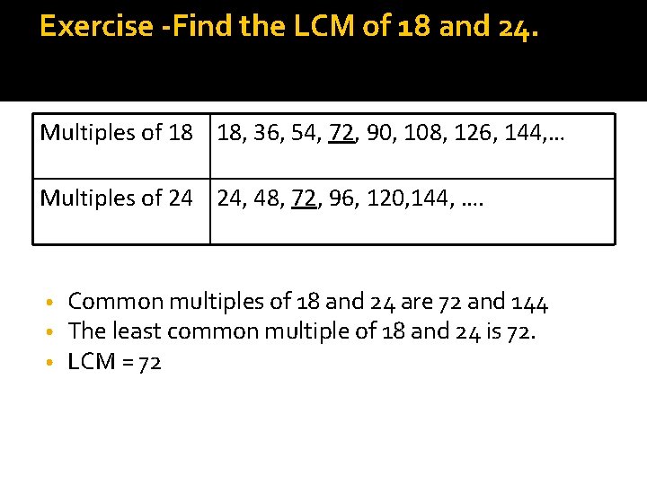 Exercise -Find the LCM of 18 and 24. Multiples of 18 18, 36, 54,