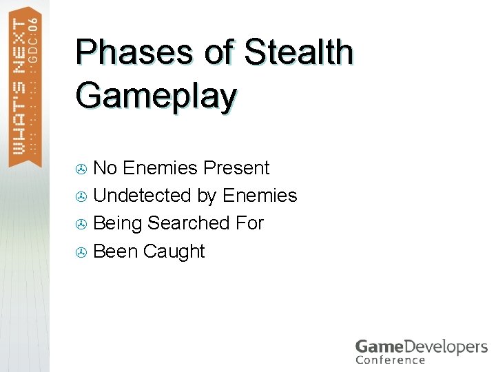 Phases of Stealth Gameplay No Enemies Present > Undetected by Enemies > Being Searched