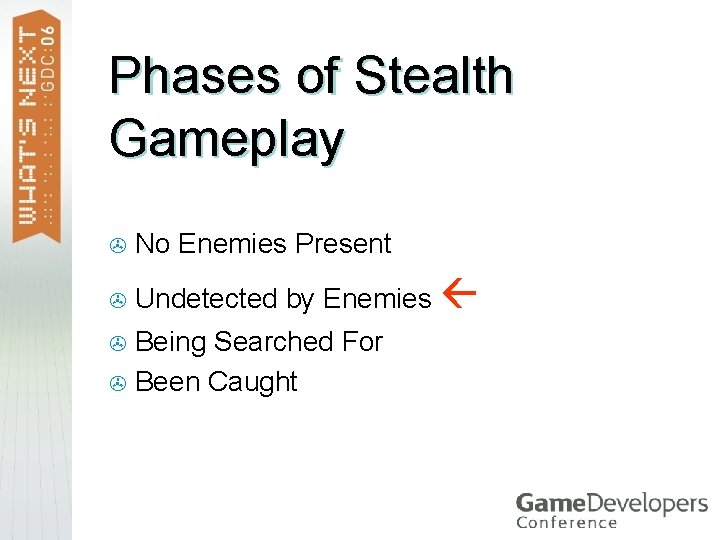 Phases of Stealth Gameplay > No Enemies Present > Undetected by Enemies Being Searched