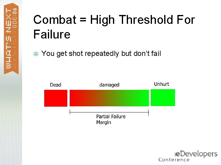Combat = High Threshold For Failure > You get shot repeatedly but don’t fail
