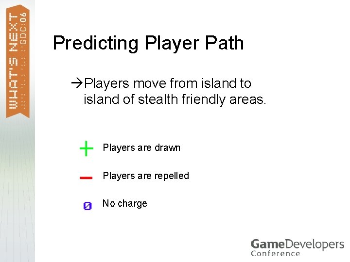 Predicting Player Path Players move from island to island of stealth friendly areas. Players