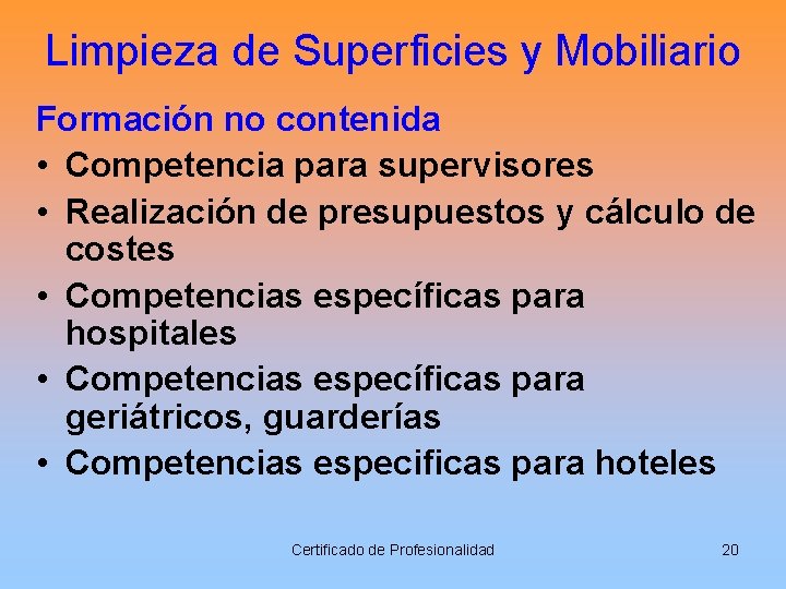 Limpieza de Superficies y Mobiliario Formación no contenida • Competencia para supervisores • Realización