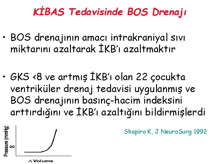 KİBAS Tedavisinde BOS Drenajı • BOS drenajının amacı intrakraniyal sıvı miktarını azaltarak İKB’ı azaltmaktır