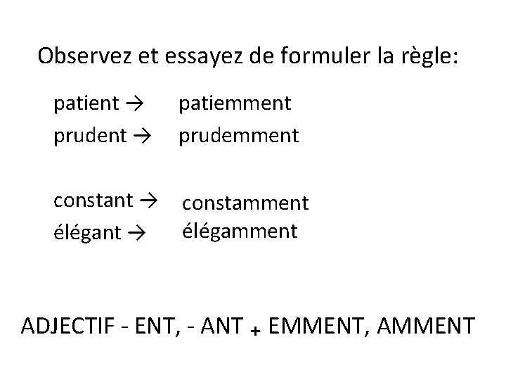 Observez et essayez de formuler la règle: patient → prudent → patiemment prudemment constant Observez et essayez de formuler la règle: patient → prudent → patiemment prudemment constant