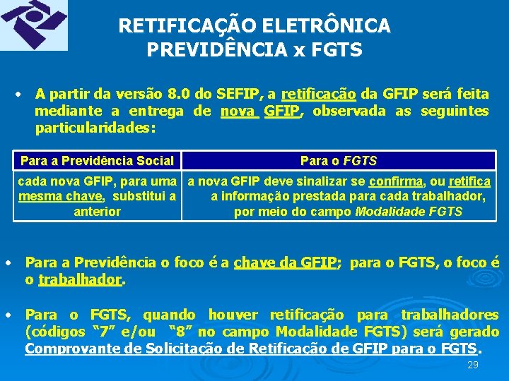 RETIFICAÇÃO ELETRÔNICA PREVIDÊNCIA x FGTS • A partir da versão 8. 0 do SEFIP,