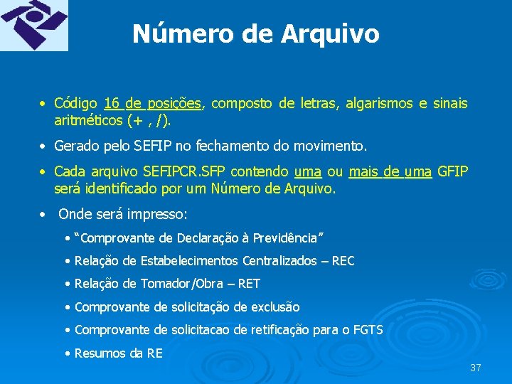 Número de Arquivo • Código 16 de posições, composto de letras, algarismos e sinais