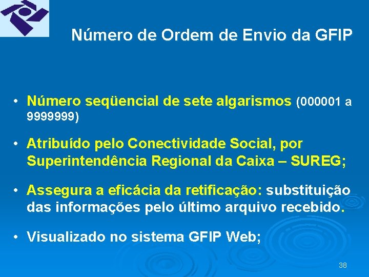 Número de Ordem de Envio da GFIP • Número seqüencial de sete algarismos (000001