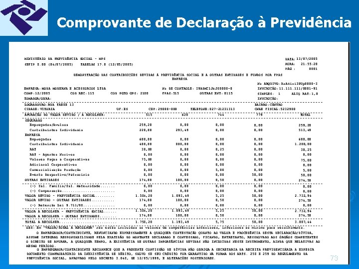 Comprovante de Declaração à Previdência 73 
