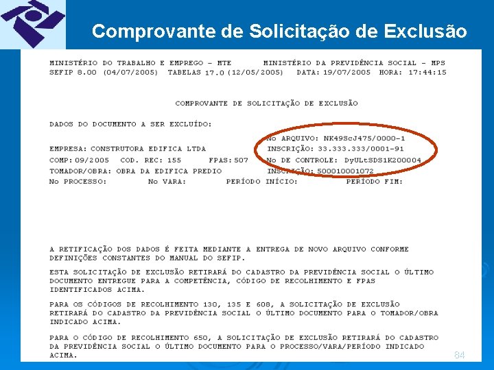 Comprovante de Solicitação de Exclusão 84 