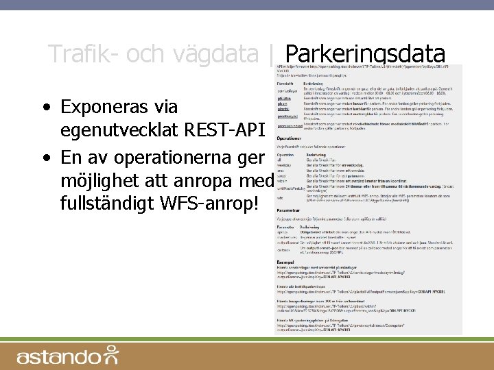 Trafik- och vägdata | Parkeringsdata • Exponeras via egenutvecklat REST-API • En av operationerna