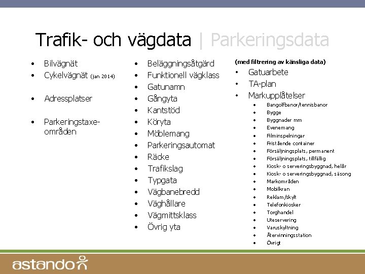 Trafik- och vägdata | Parkeringsdata • • Bilvägnät Cykelvägnät • Adressplatser • Parkeringstaxeområden (jan