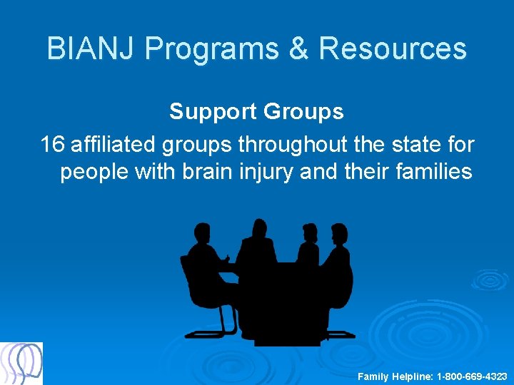 BIANJ Programs & Resources Support Groups 16 affiliated groups throughout the state for people