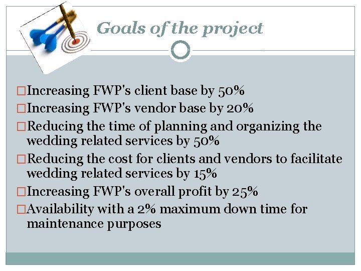 Goals of the project �Increasing FWP's client base by 50% �Increasing FWP's vendor base