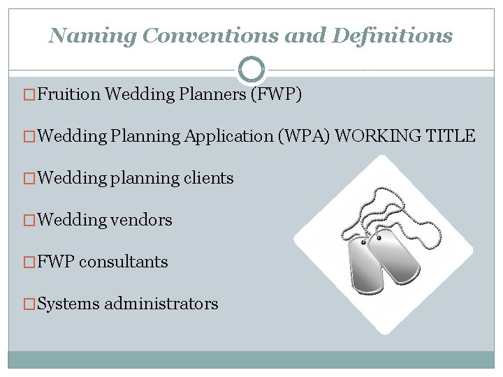 Naming Conventions and Definitions �Fruition Wedding Planners (FWP) �Wedding Planning Application (WPA) WORKING TITLE