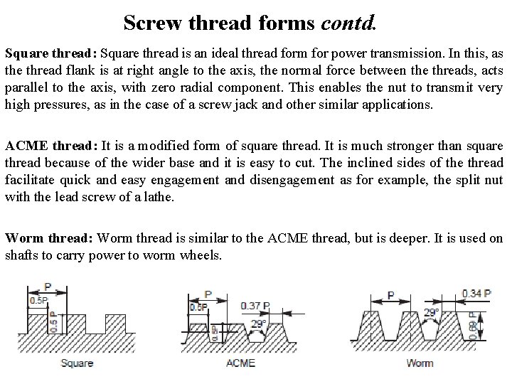 Screw thread forms contd. Square thread: Square thread is an ideal thread form for