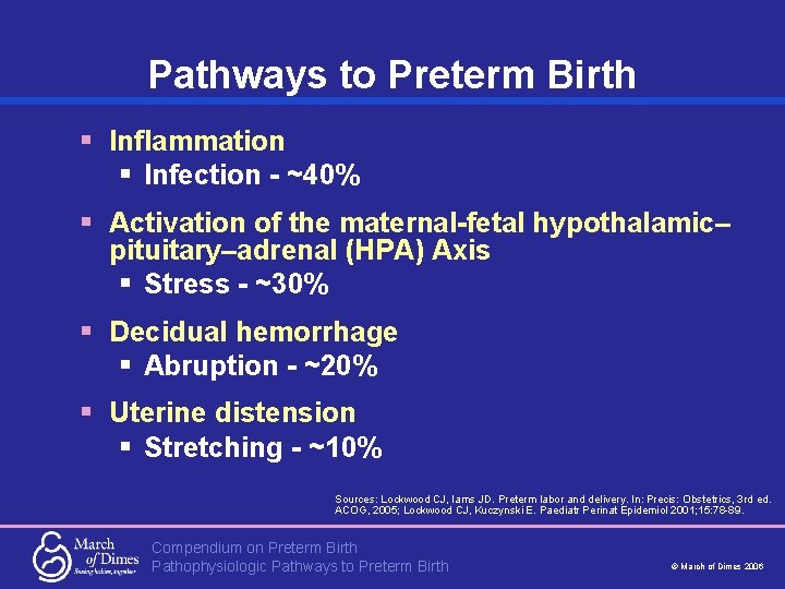 Pathways to Preterm Birth § Inflammation § Infection - ~40% § Activation of the