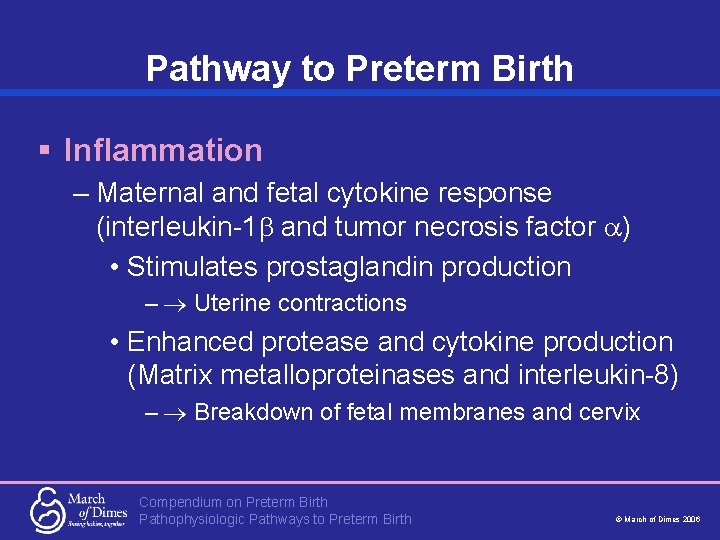 Pathway to Preterm Birth § Inflammation – Maternal and fetal cytokine response (interleukin-1 and
