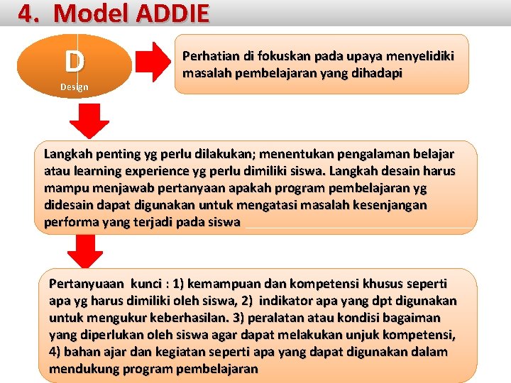 4. Model ADDIE D Design Perhatian di fokuskan pada upaya menyelidiki masalah pembelajaran yang