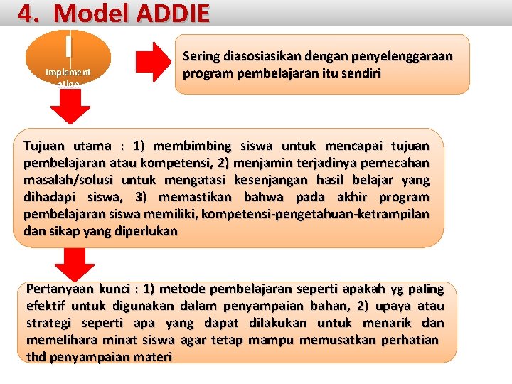 4. Model ADDIE I Implement ation Sering diasosiasikan dengan penyelenggaraan program pembelajaran itu sendiri