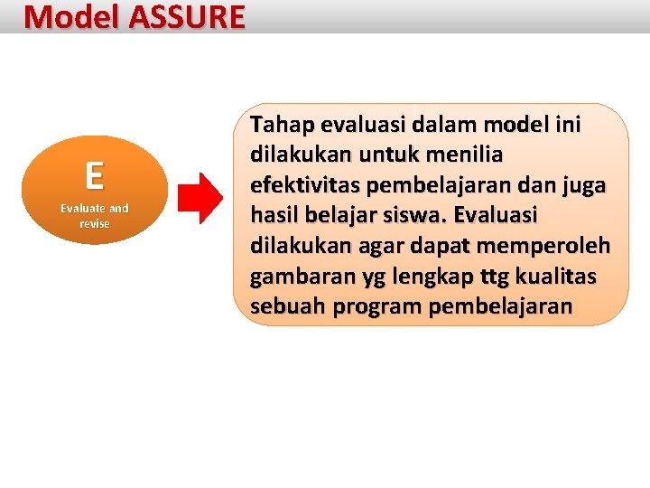 Model ASSURE E Evaluate and revise Tahap evaluasi dalam model ini dilakukan untuk menilia