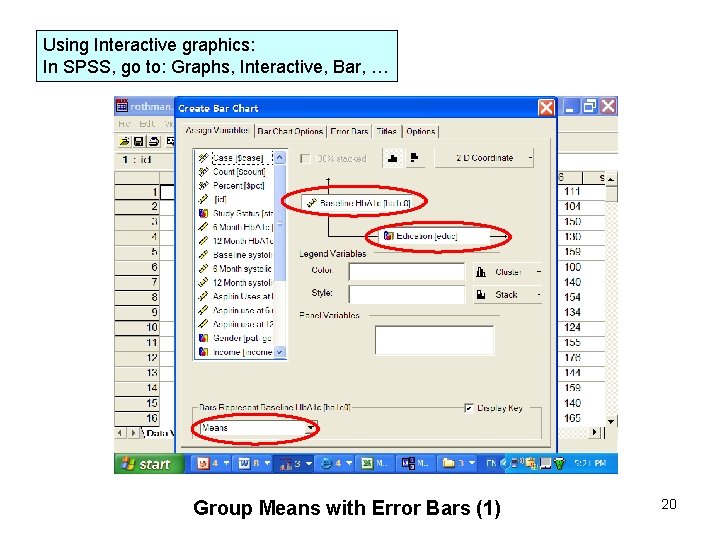 Using Interactive graphics: In SPSS, go to: Graphs, Interactive, Bar, … Group Means with
