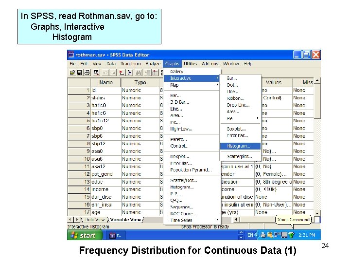 In SPSS, read Rothman. sav, go to: Graphs, Interactive Histogram Frequency Distribution for Continuous