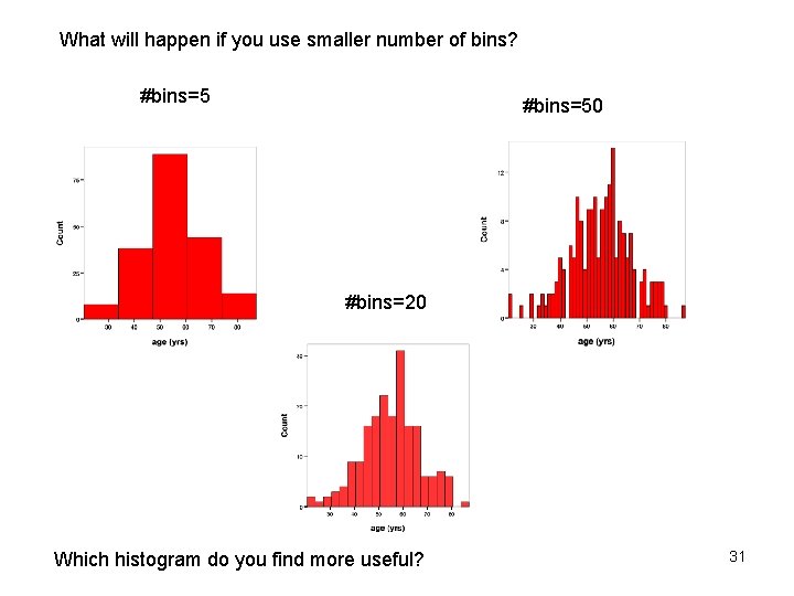 What will happen if you use smaller number of bins? #bins=50 #bins=20 Which histogram