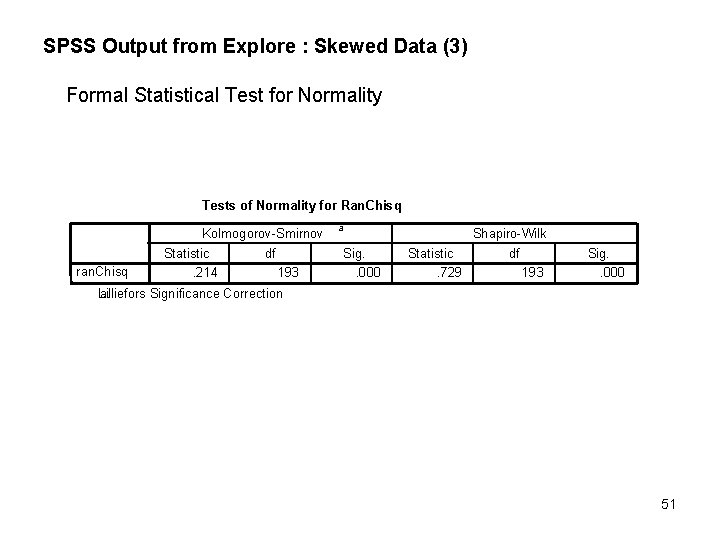 SPSS Output from Explore : Skewed Data (3) Formal Statistical Test for Normality Tests