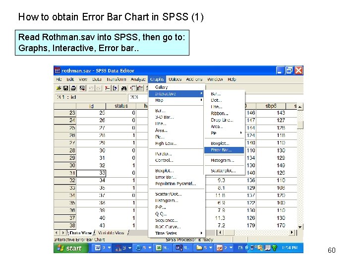 How to obtain Error Bar Chart in SPSS (1) Read Rothman. sav into SPSS,