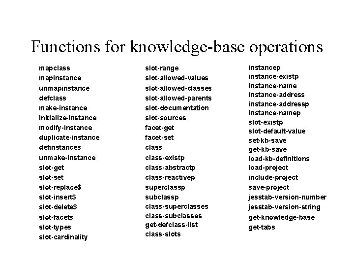 Functions for knowledge-base operations mapclass mapinstance unmapinstance defclass make-instance initialize-instance modify-instance duplicate-instance definstances unmake-instance