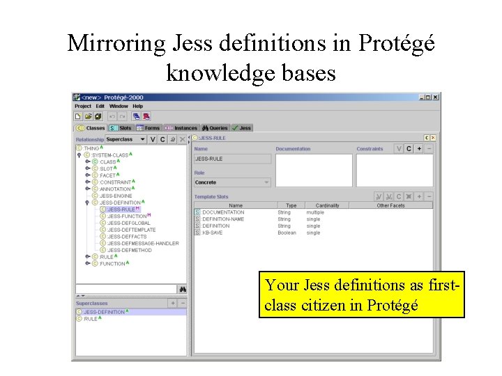 Mirroring Jess definitions in Protégé knowledge bases Your Jess definitions as firstclass citizen in