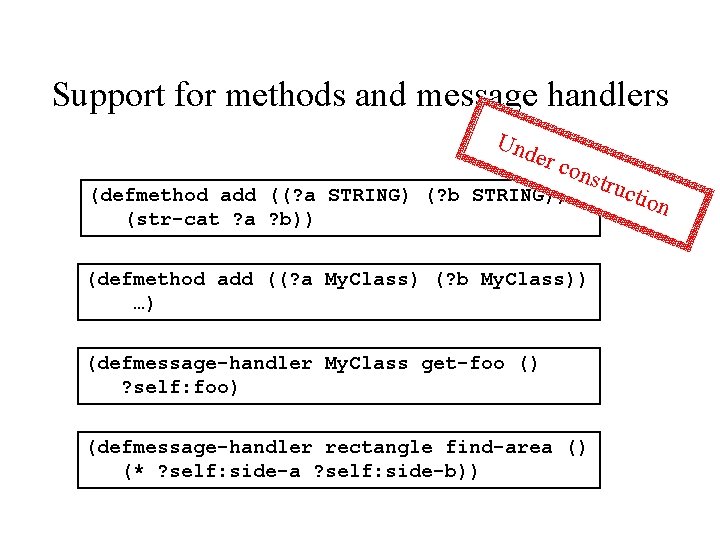 Support for methods and message handlers Und er c ons (defmethod add ((? a