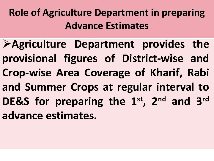 Role of Agriculture Department in preparing Advance Estimates ØAgriculture Department provides the provisional figures
