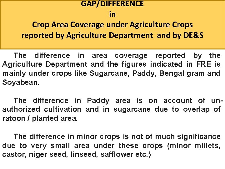 GAP/DIFFERENCE in Crop Area Coverage under Agriculture Crops reported by Agriculture Department and by