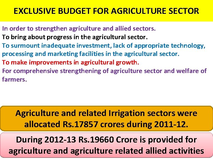 EXCLUSIVE BUDGET FOR AGRICULTURE SECTOR In order to strengthen agriculture and allied sectors. To