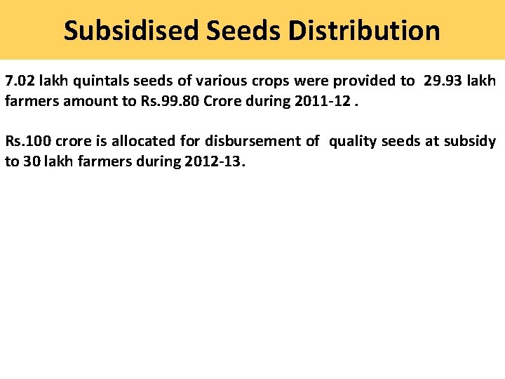 Subsidised Seeds Distribution 7. 02 lakh quintals seeds of various crops were provided to