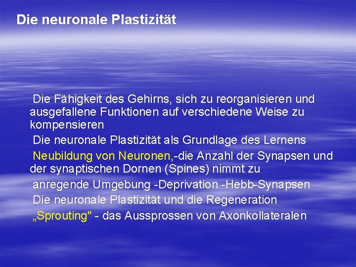 Die neuronale Plastizität Die Fähigkeit des Gehirns, sich zu reorganisieren und ausgefallene Funktionen auf