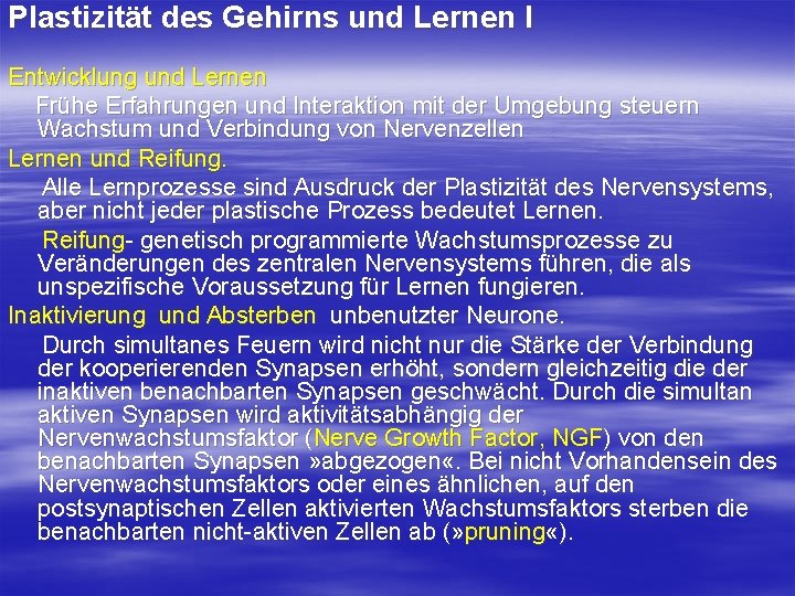 Plastizität des Gehirns und Lernen I Entwicklung und Lernen Frühe Erfahrungen und Interaktion mit