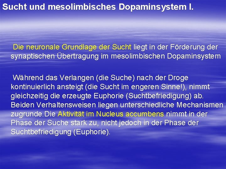 Sucht und mesolimbisches Dopaminsystem I. Die neuronale Grundlage der Sucht liegt in der Förderung