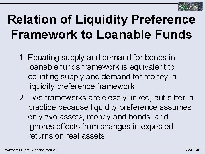 Relation of Liquidity Preference Framework to Loanable Funds 1. Equating supply and demand for