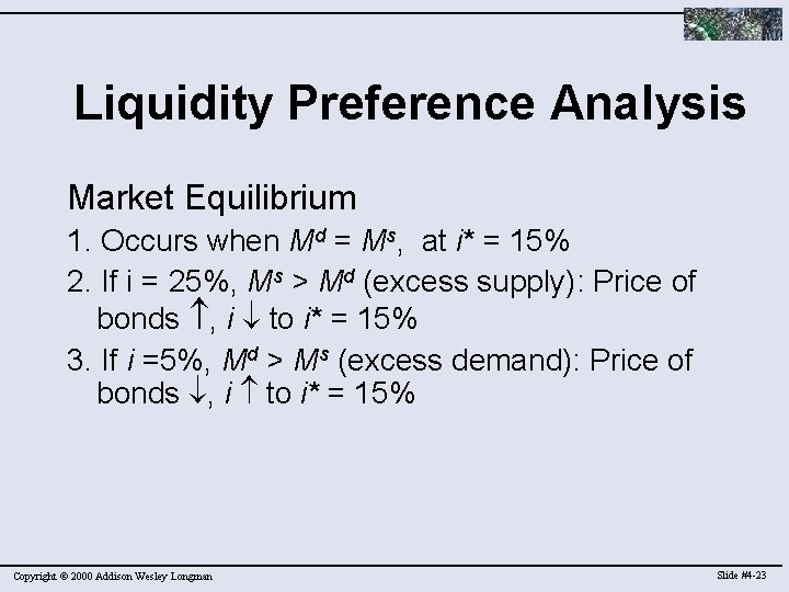 Liquidity Preference Analysis Market Equilibrium 1. Occurs when Md = Ms, at i* =